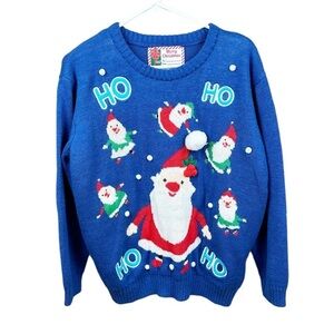Blue Embroidered Ho Ho Ho Ugly Merry Christmas Sweater Size Large